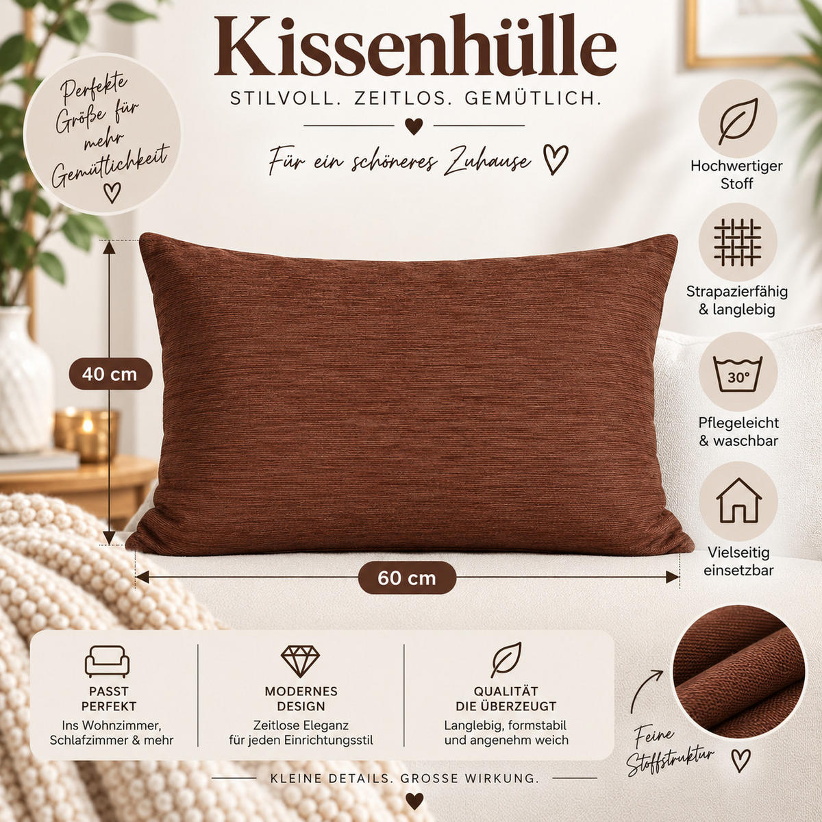 KISSENBEZUG Canada 40/60 cm meliert Braun - Braun, Textil (40/60cm) - TiborTex