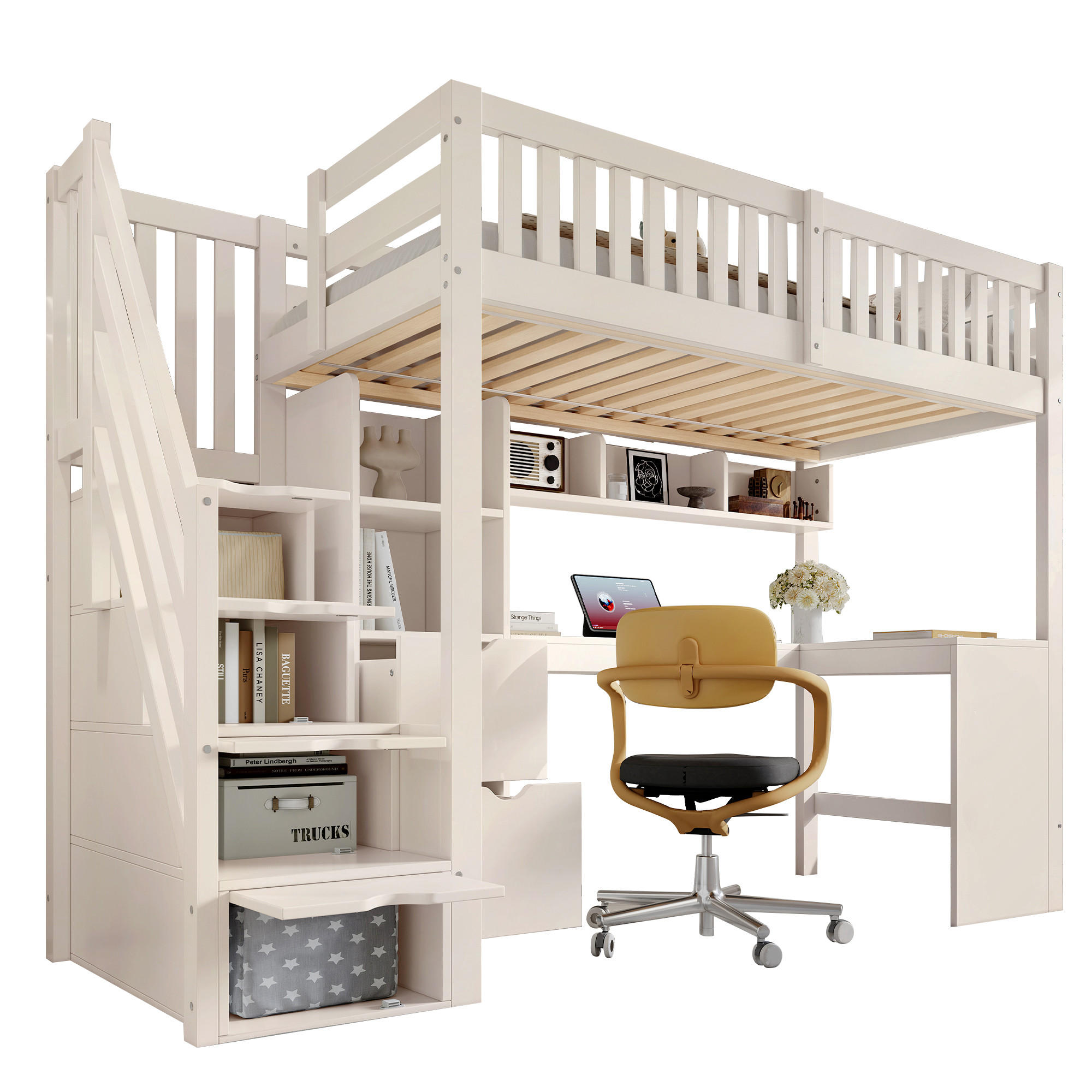 HOCHBETT 90/200 cm in Weiß mit Treppenschrank, Eckschreibtisch und Stauraum - Weiß, Holz/Holzwerkstoff (90/200cm) - WISHDOR