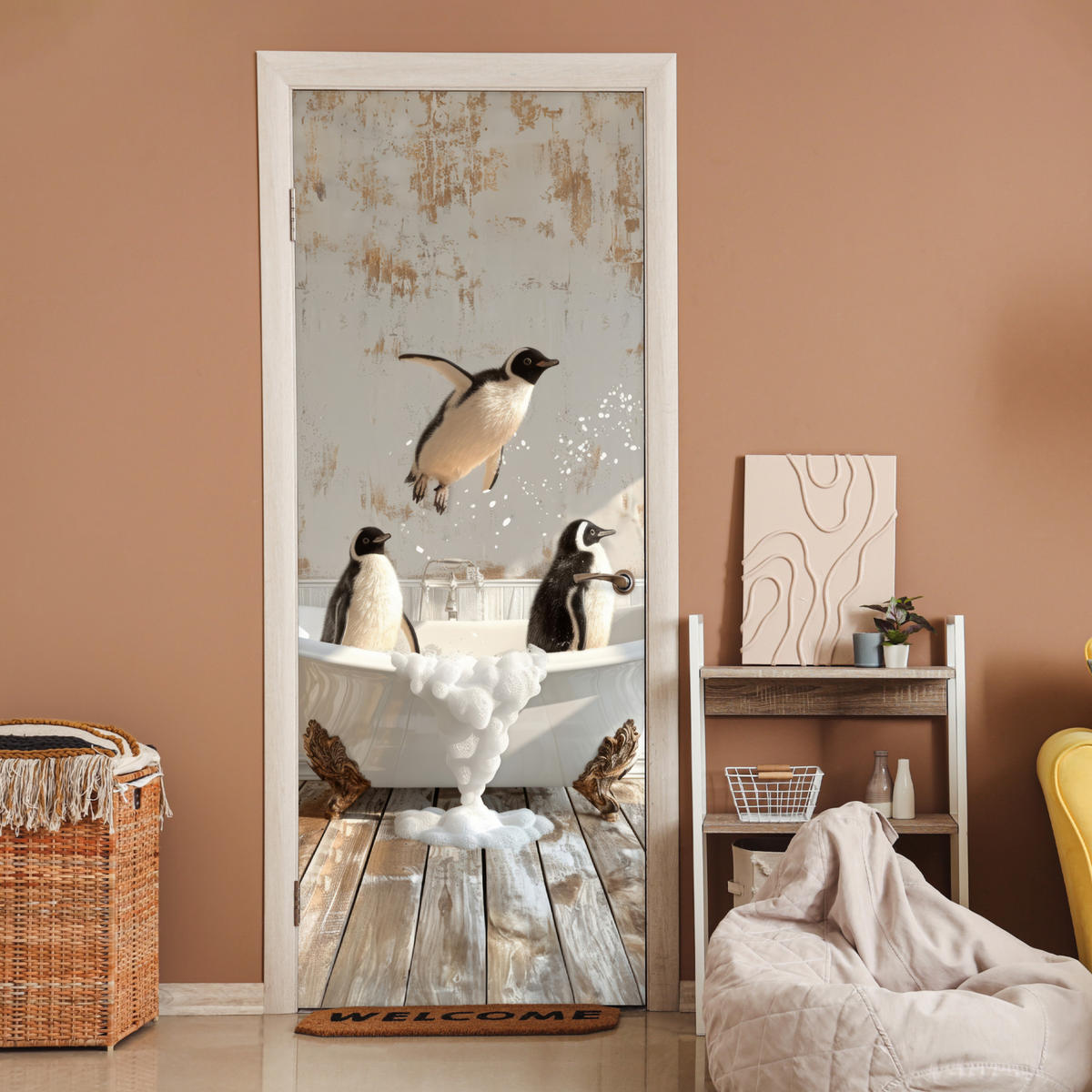 TÜRAUFKLEBER Selbstklebend - Vintage - Pinguin - Badewanne - Schaumstoff 95x235 cm - Türtapete - Hellbraun, Kunststoff (95/0.1cm) - MuchoWow