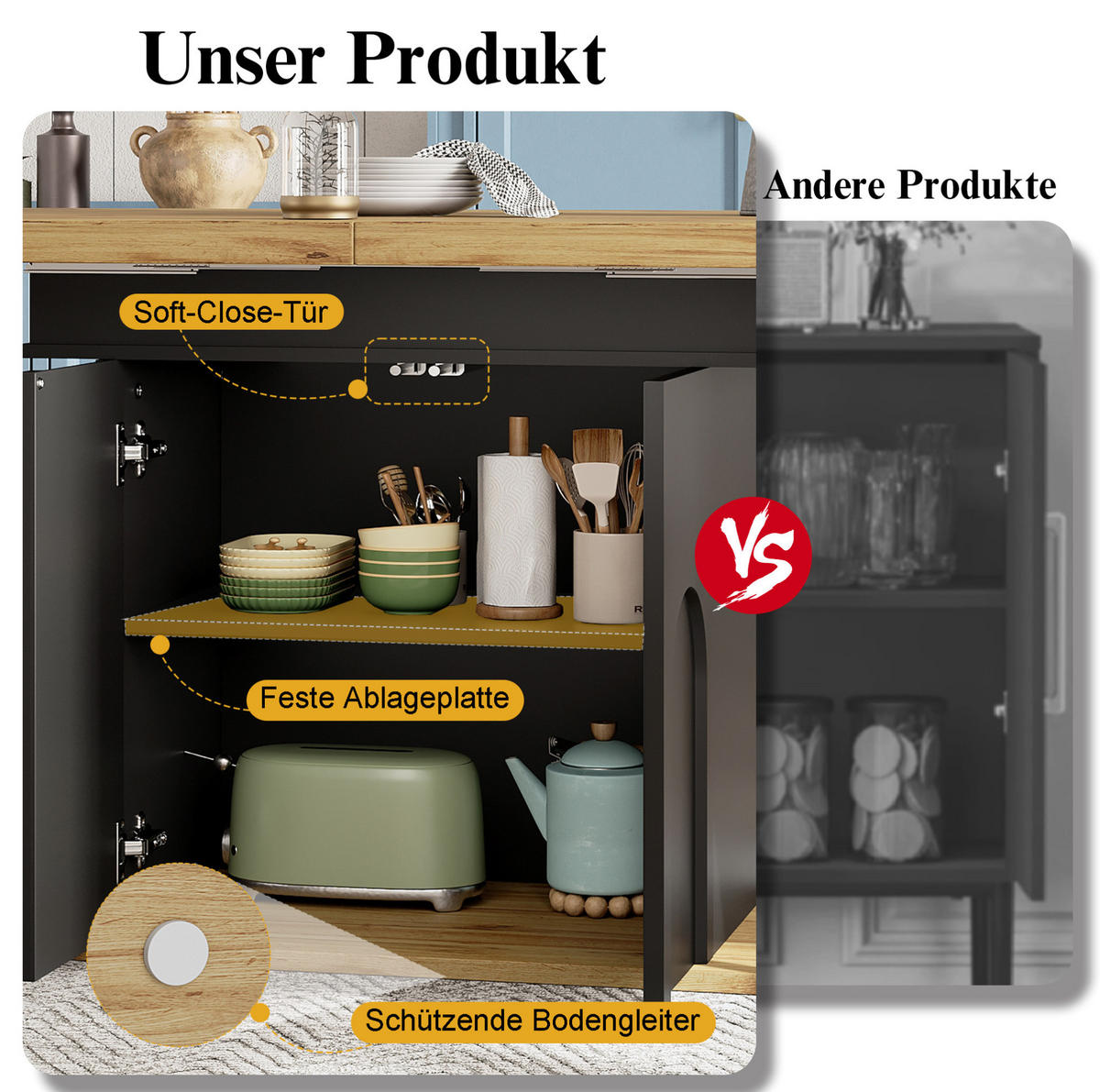 ESSTISCH aus MDF 110-140x80x76 cm Schwarz/Natur ausziehbar mit Stauraum und Soft-Close-Tür - Schwarz, Holzwerkstoff (140/80/76cm) - Modfu