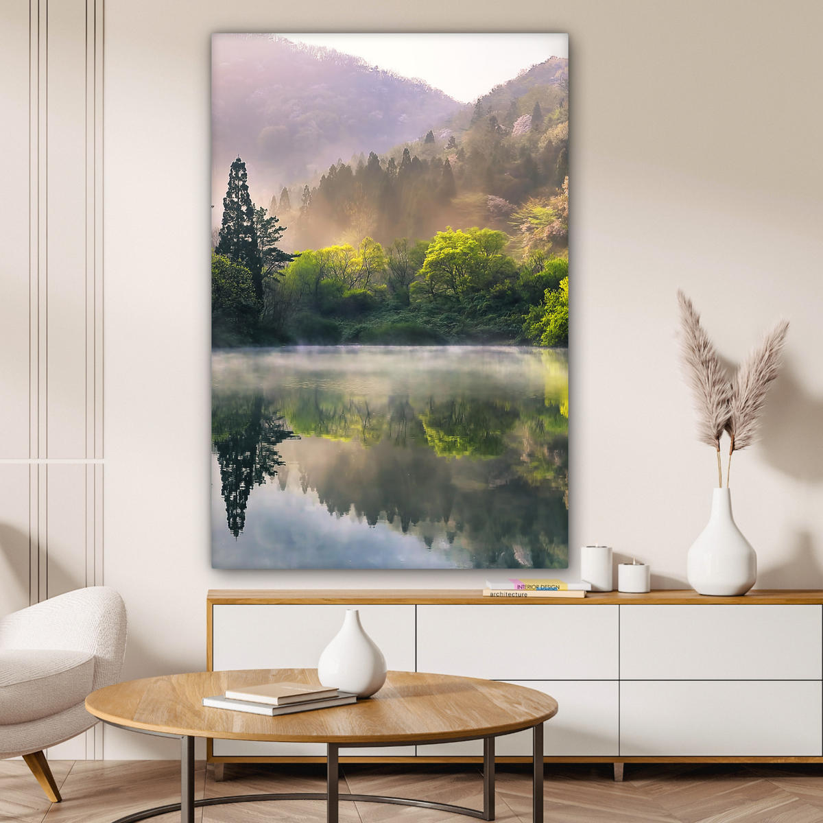 LEINWANDBILD Natur - Bäume - Berge - See - Wasser 90x140 cm - Hellgrün, Textil (90/140cm) - MuchoWow