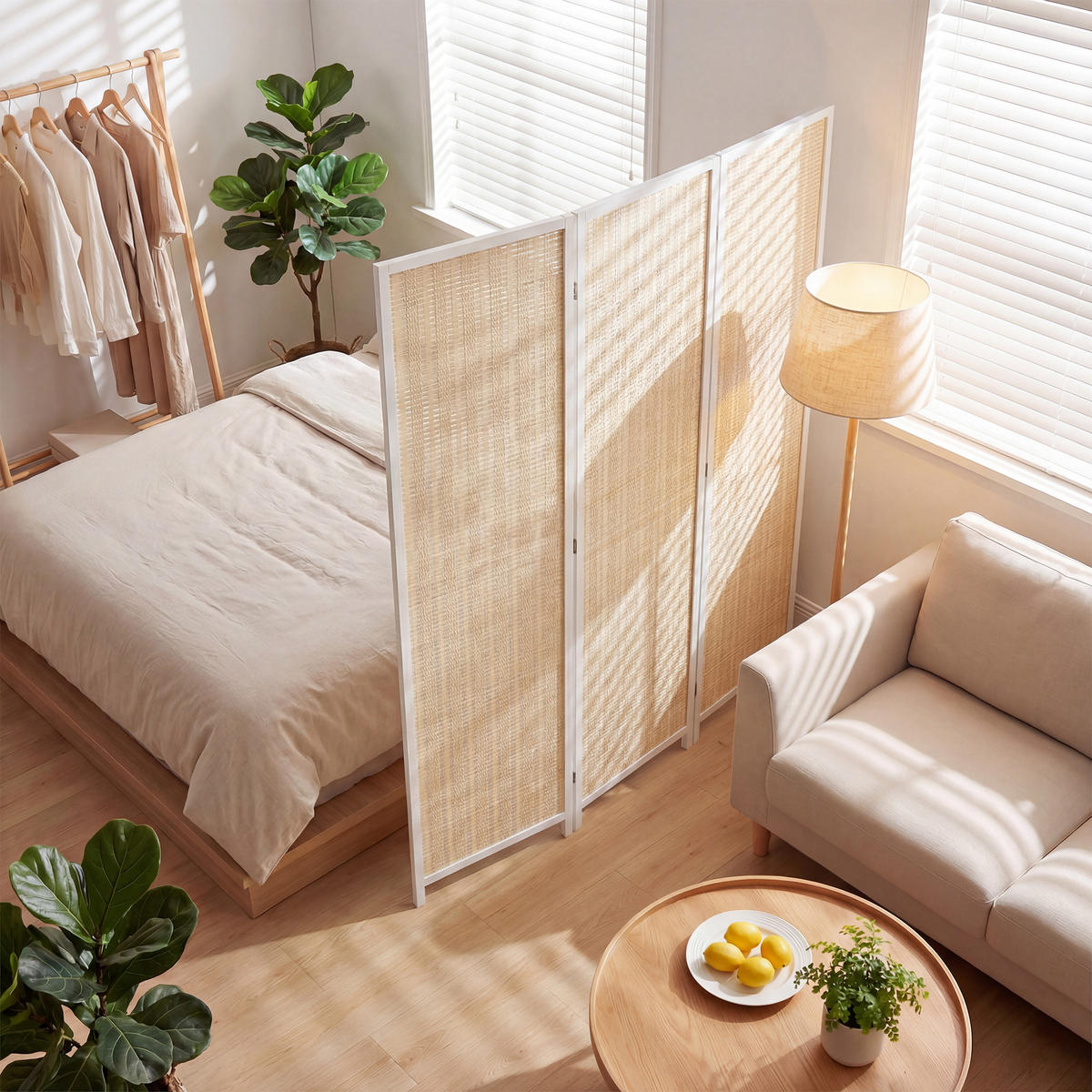 PARAVENT 3-tlg DE-14372 faltbar mit Bambusgeflecht Weiß - Weiß, Naturmaterialen (135/180/1.7cm) - ComfortXL