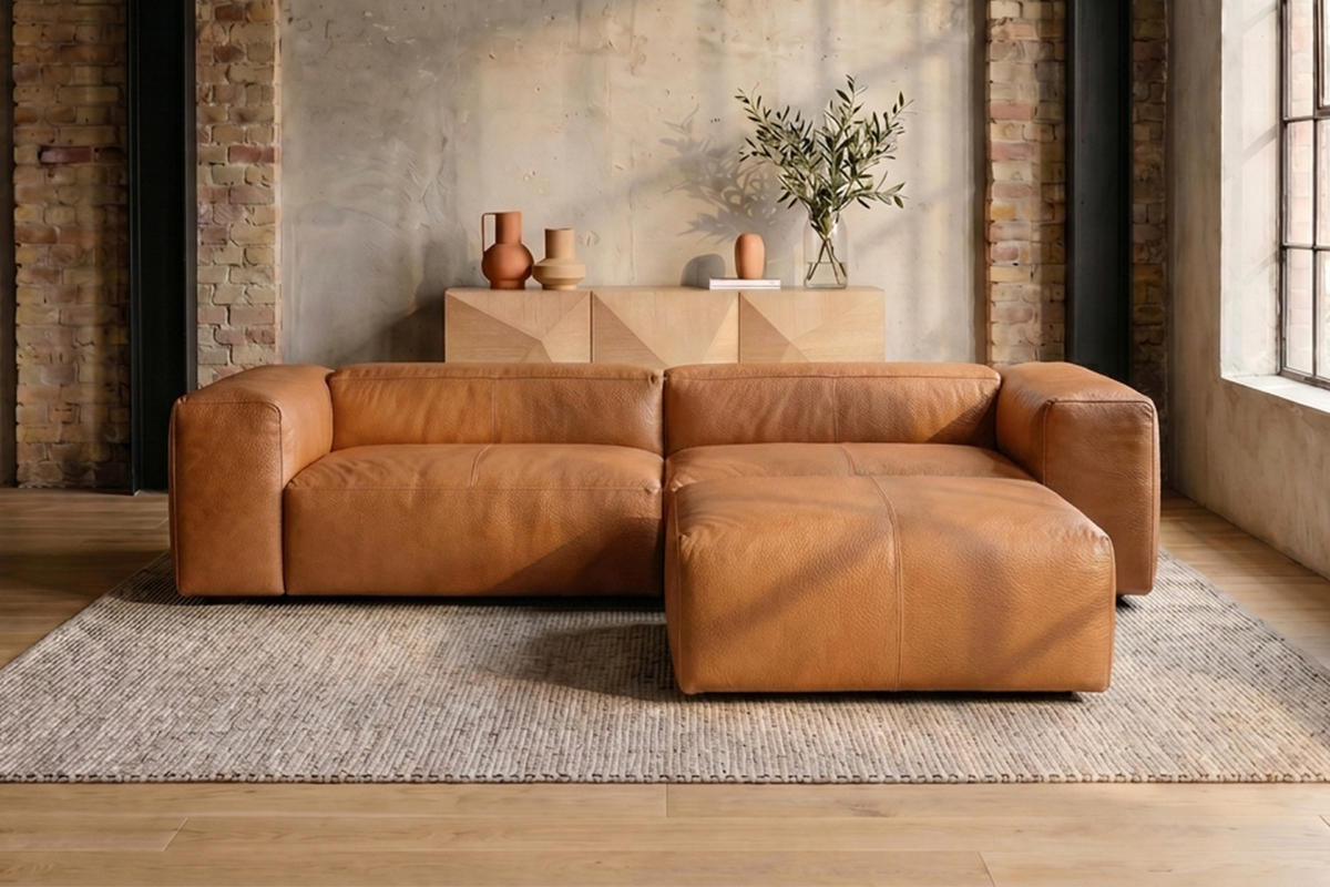 SOFA CELESTE Braun Leder - Dunkelbraun/Schwarz, Leder/Kunststoff (302/114cm) - KAWOLA