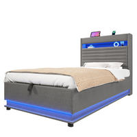 POLSTERBETT 90/200 cm aus Leinen mit LED-Beleuchtung und USB-Typ-C-Ladefunktion Grau - Flieder, Textil (90/190cm) - Modenvie