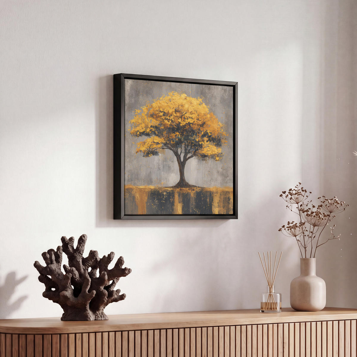 LEINWAND Bilder mit Rahmen - Baum - Blätter - Gold - Abstrakt - 20x20 - Grau, Textil (20/20cm) - MuchoWow