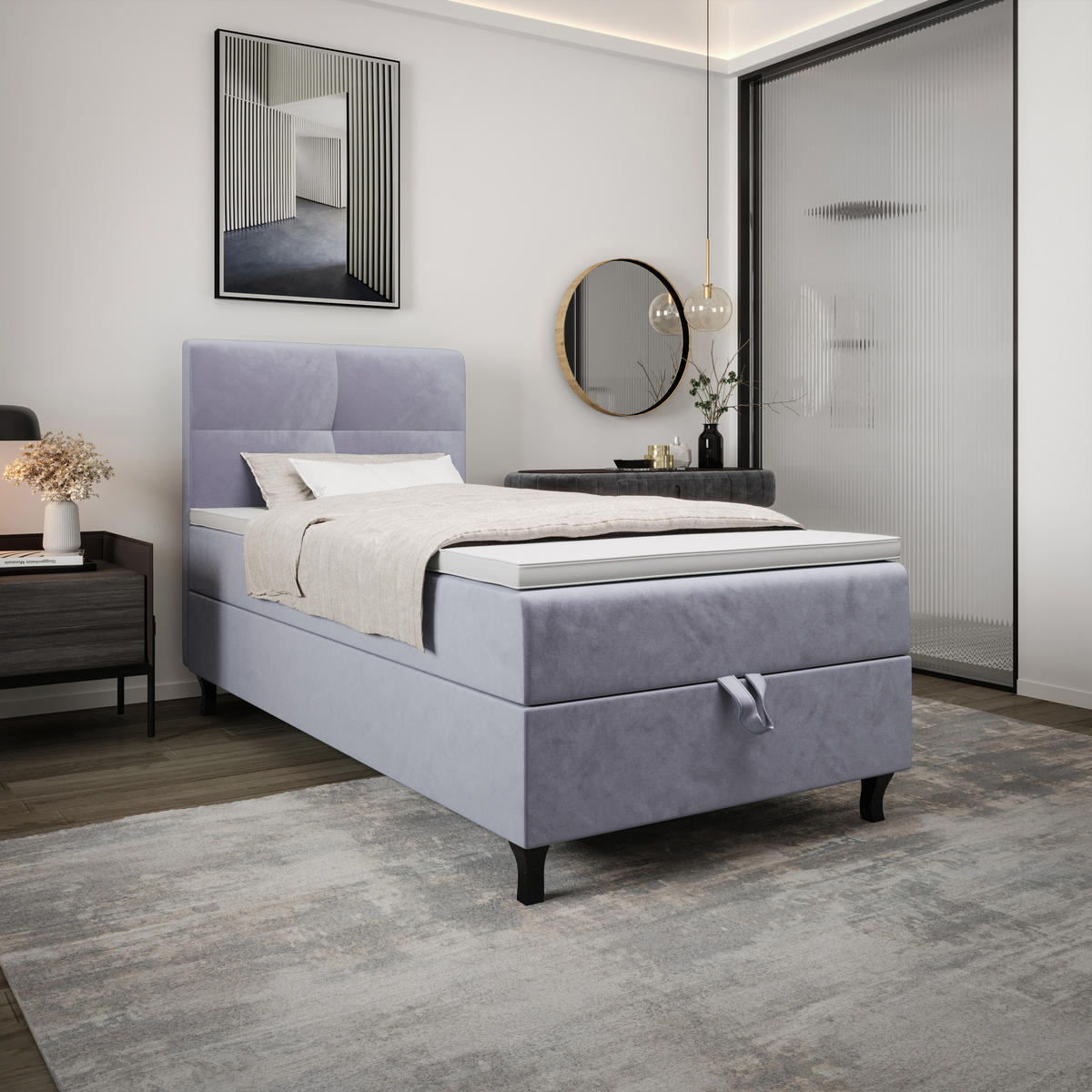 BOXBETT LIMBA mit Matratze H3 und Topper 80x200 Monolith 70 - Hellblau, Holz/Textil (80/200cm) - Bedante