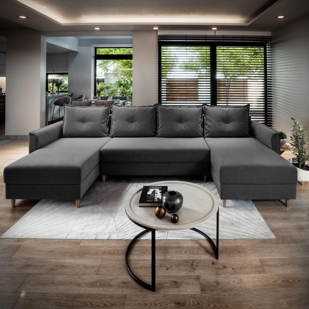 WOHNLANDSCHAFT VERNI Grau Plüsch-Stoff mit Schlaffunktion - Grau, Holz (285/91/143cm) - MASSENO