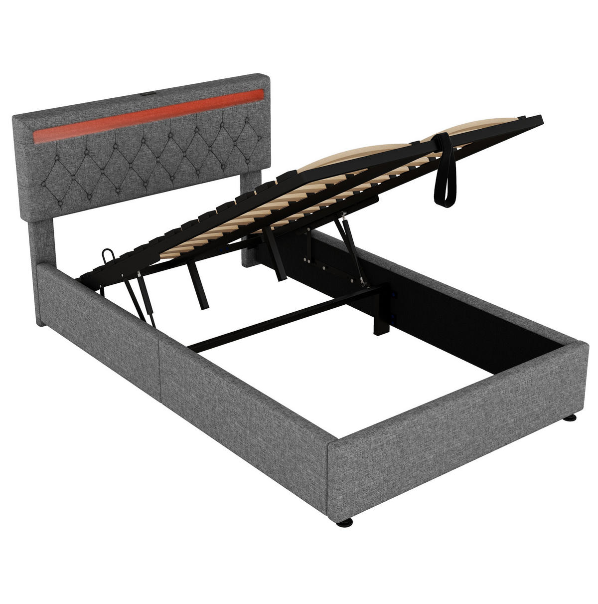 POLSTERBETT mit Stauraum, LED und USB 140x200 cm Leinen Grau - Grau, Metall (140/200cm) - Meubliv