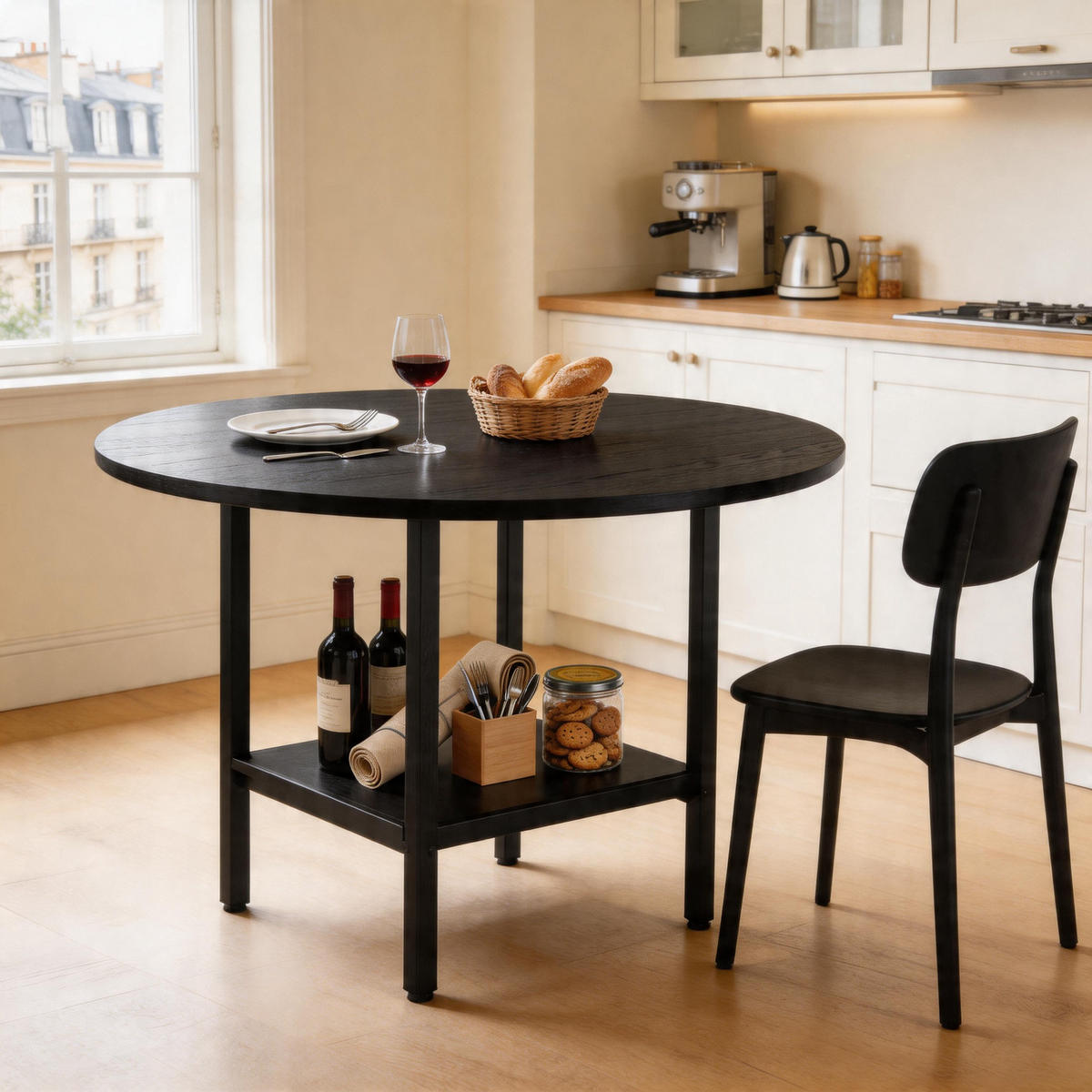 ESSTISCH Schwarz mit Ablagefach und Metallgestell 100/100/77 cm - Schwarz, Holz (100/100/77cm) - Oxeza