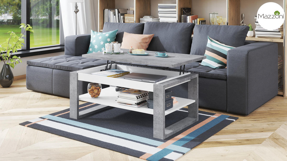 COUCHTISCH rechteckig Beton Weiß aufklappbar 110/65/50 cm - Hellgrau, Holzwerkstoff (65/110/50cm) - designimpex