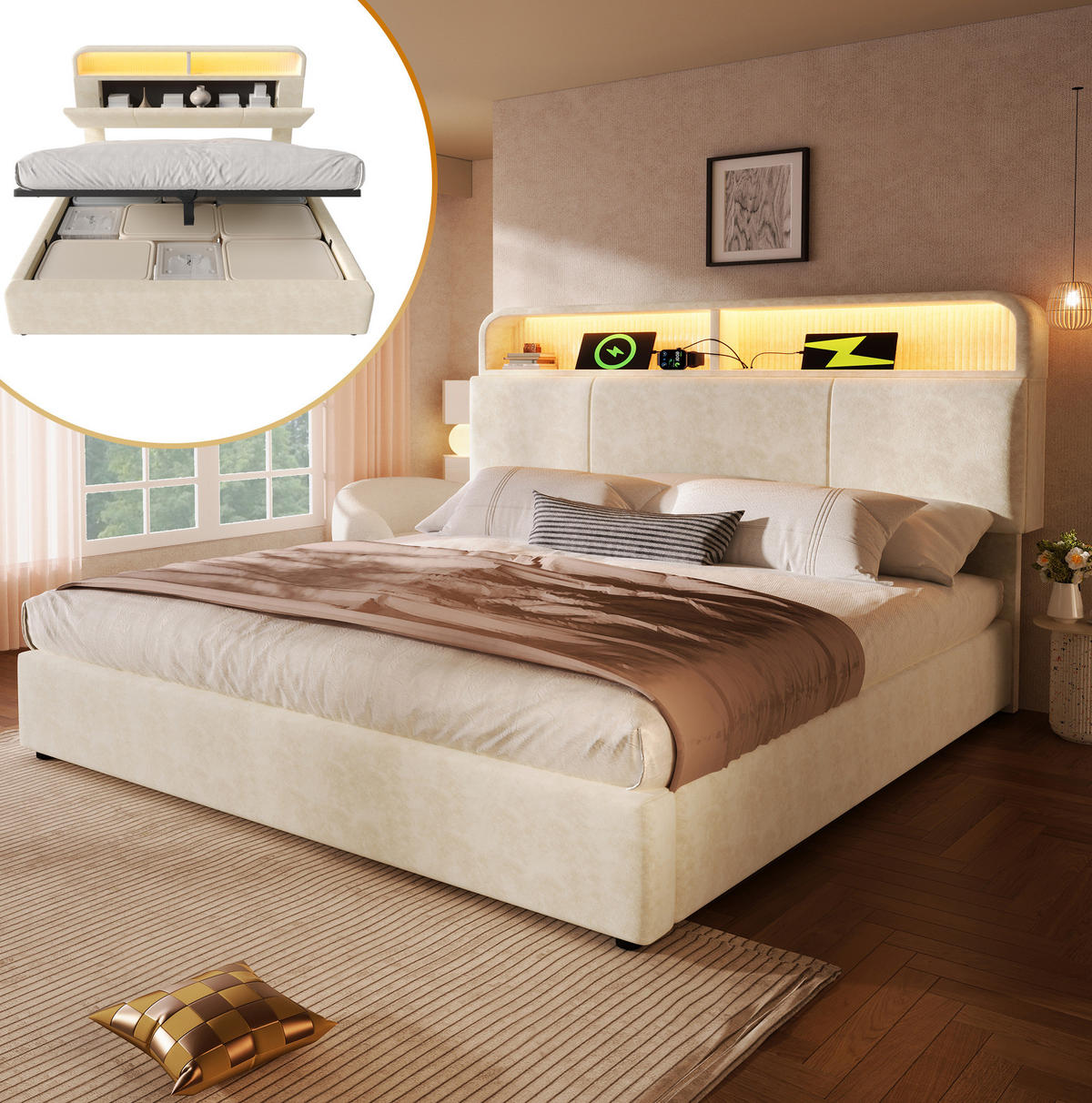 BETT mit Stauraum 140x200 cm Samt Beige inkl. Matratze - Beige, Metall (140/200cm) - Meubliv