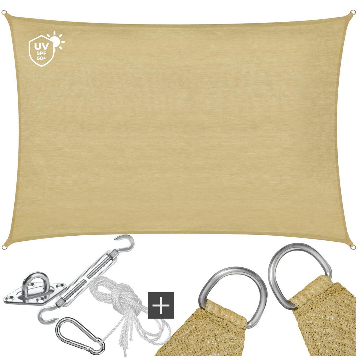 SONNENSEGEL Sunny,umfangreiches Montagematerial,Sand - Sandfarben, Kunststoff (400/300cm) - tectake