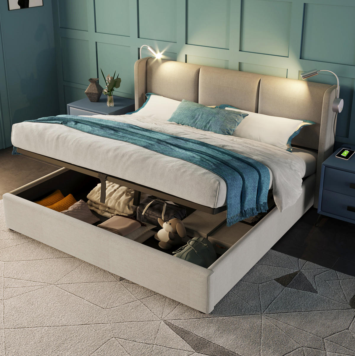 POLSTERBETT mit Bettkasten 160/200 cm mit Leselicht & USB, Beige - Beige, Textil (160/200cm) - BEAOK
