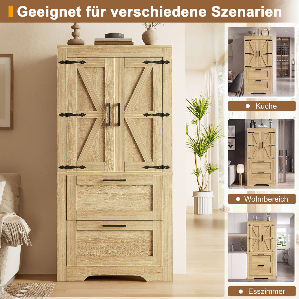 HIGHBOARD DE-38698 60/30/128 cm 2 Schubladen und Scheunentür Naturholz - Naturfarben, Holzwerkstoff (60/128/30cm) - ComfortXL