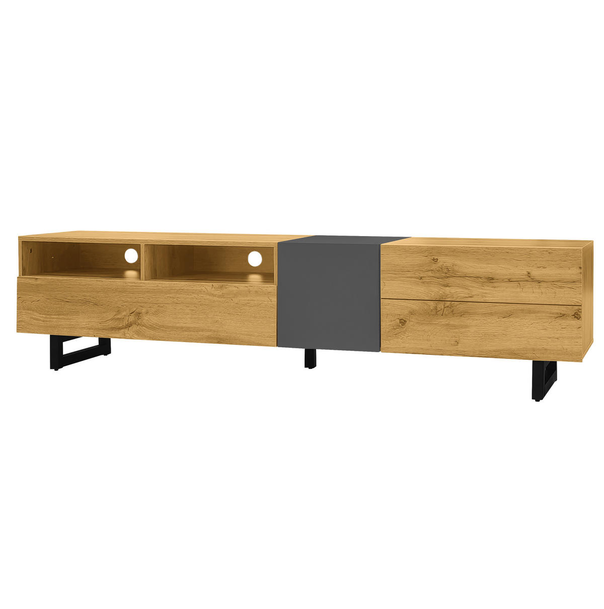 TV-SCHRANK aus melaminbeschichteter Spanplatte 170x42x36,5 cm Dunkelgrau/Natur mit 3 Türen und 2 offenen Fächern - Naturfarben, Holzwerkstoff (170/42/36.5cm) - Modfu