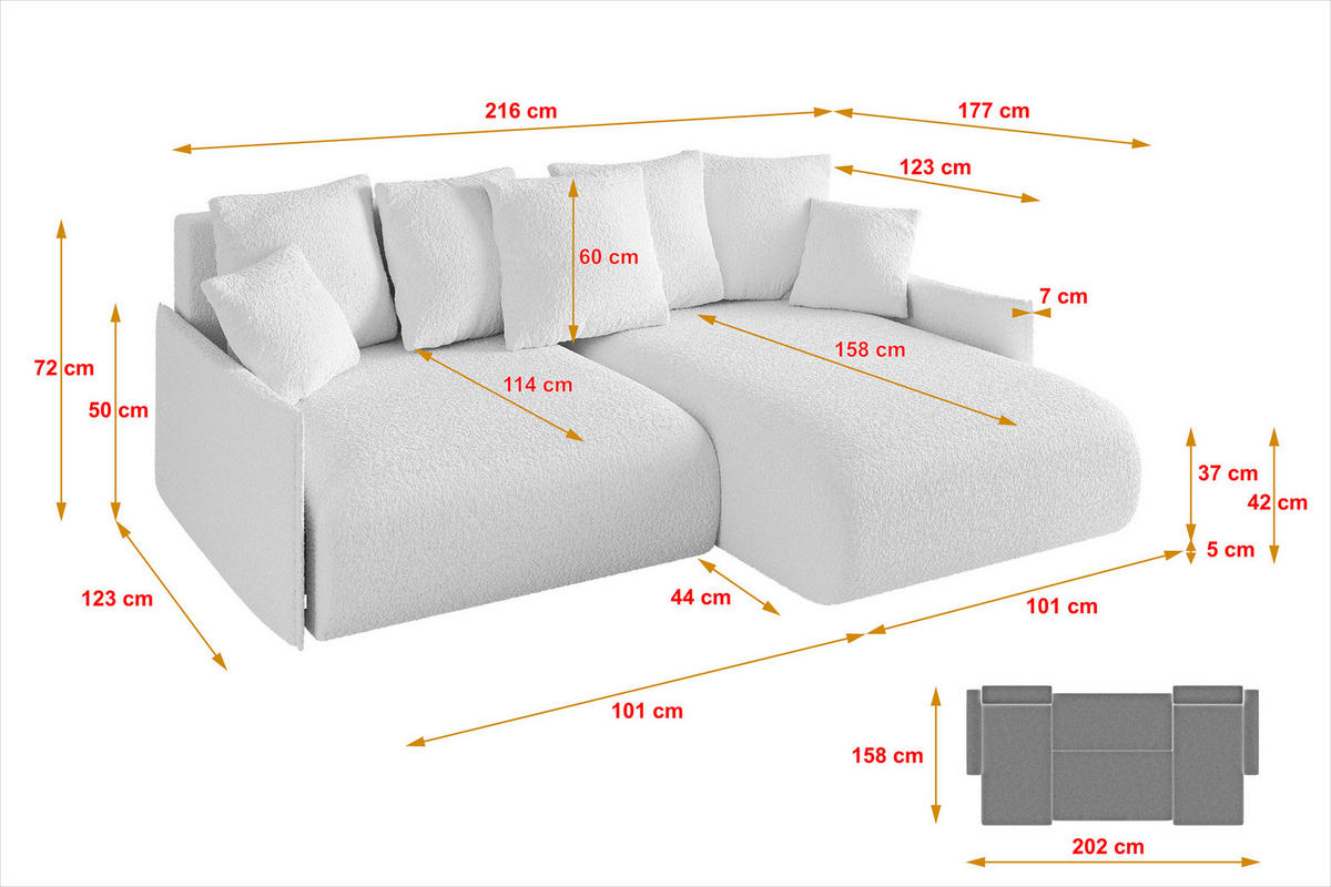ECKSOFA Ottomane rechts ONESK-L -v1 216x177x72 Weiß Bouclé - Weiß, Holzwerkstoff/Kunststoff (177/216cm) - ALTDECOR