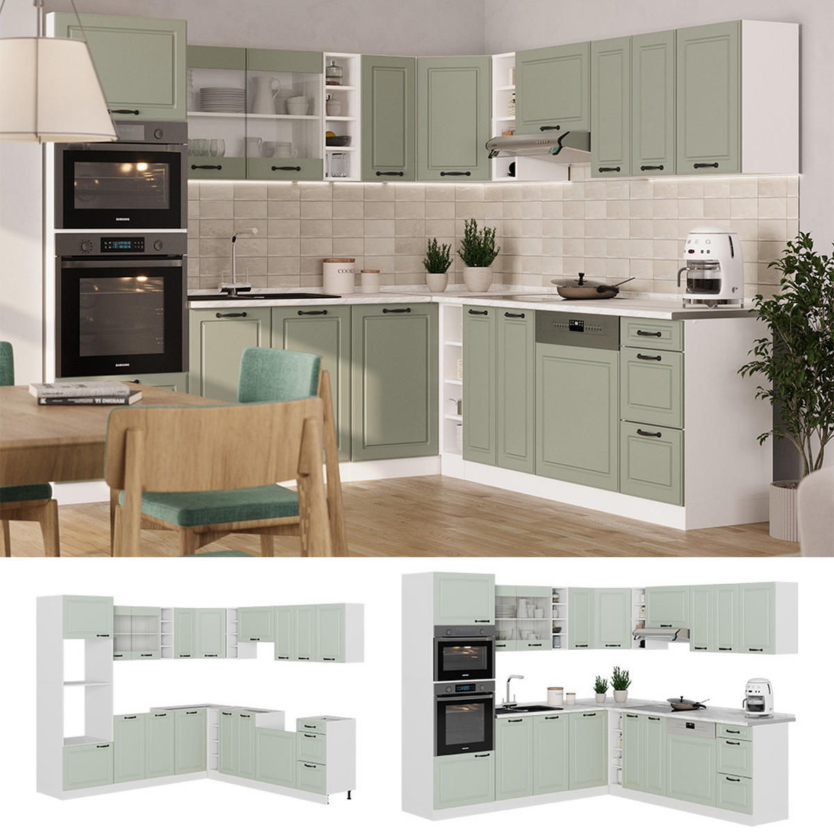 ECKKÜCHE R-Line, Mint Landhaus/Weiß, 247 x 237 cm - Weiß/Grün, Holzwerkstoff (247/206.8/60cm) - Vicco