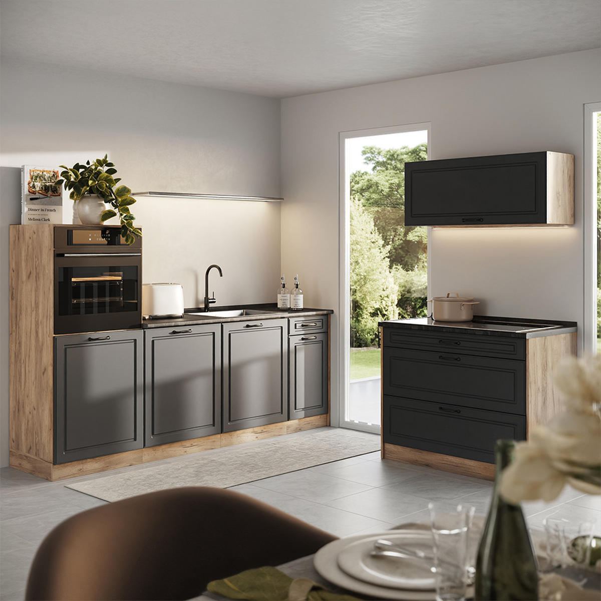KÜCHENZEILE R-Line, Anthrazit Landhaus/Goldkraft Eiche, 220 cm Arbeitsplatte Marmor - Eichefarben/Anthrazit, Holzwerkstoff (220/143/60cm) - Vicco