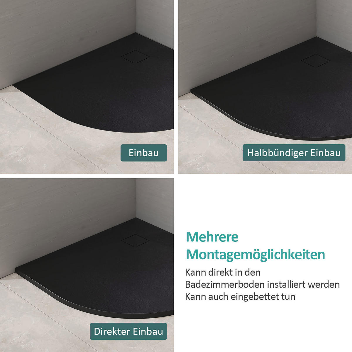 DUSCHWANNE Viertelkreis mit rutschhemmender Oberfläche 80/80 cm, Schwarz - Schwarz, Naturmaterialen (80/2.6/80cm) - EMKE