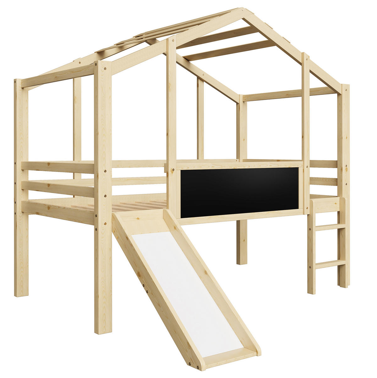 VYSOKÁ posteľ 90/200 cm prírodná z masívneho dreva so šmykľavkou rebríkom a tabuľou - prírodná farba, drevo (90/200cm) - OKWISH