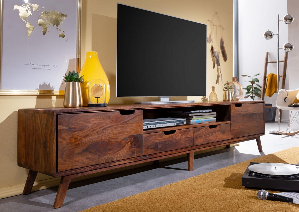 TV-BOARD Sheesham 220x40x48 walnuss gewachst MALMÖ 2 #123 - Dunkelbraun, Holz (40/48/220cm) - Massivmoebel24