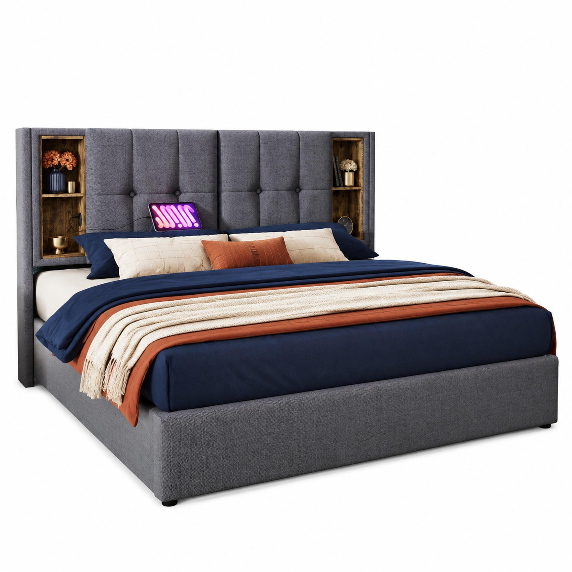 POLSTERBETT 140/200 mit Bettkasten, kabellosem Laden, USB, Type-C und Lattenrost in Grau - Grau, Holzwerkstoff/Textil (140/200cm) - EVRYAE