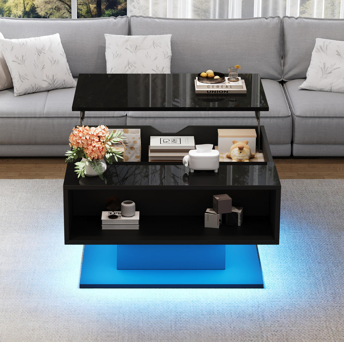 COUCHTISCH 80/75/40 cm mit höhenverstellbarer Platte, LED, Stauraum und Spanplatte in Hochglanzoptik, Schwarz - Schwarz, Holzwerkstoff (80/77/40cm) - Redom