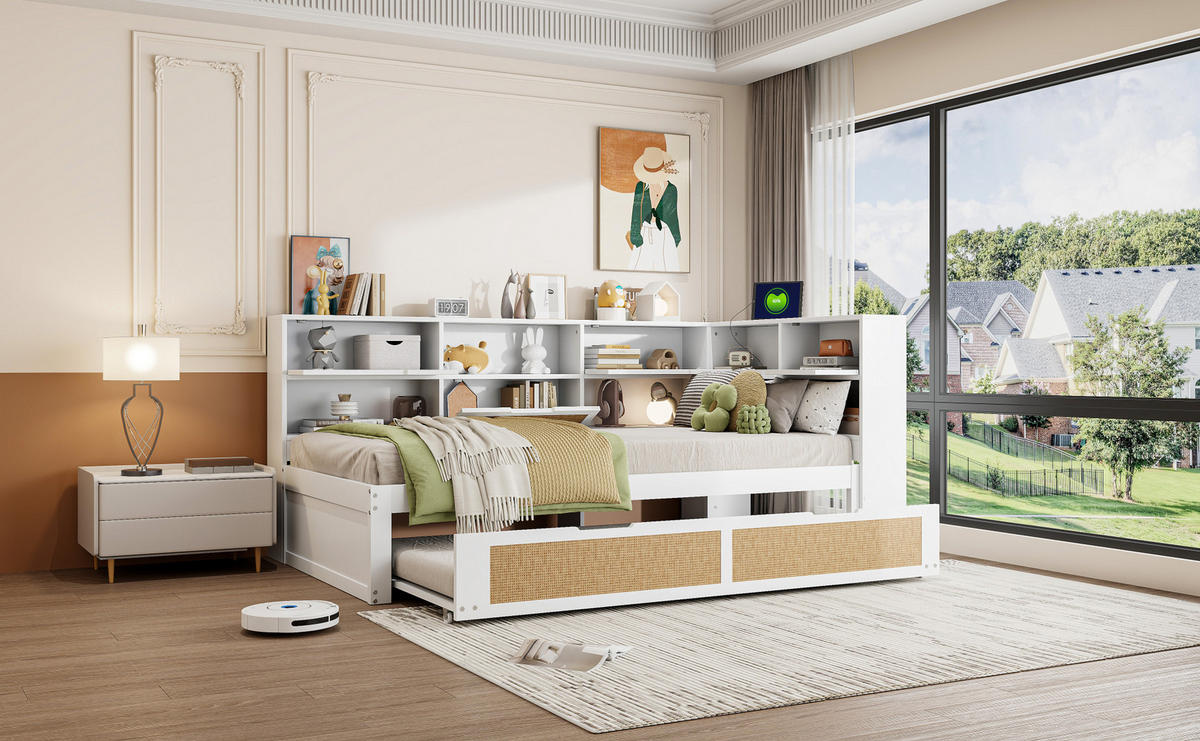 BETT 90/200 cm Weiß aus Massivholz mit Bett und Ladeanschluss - Weiß, Holz (90/200cm) - OKMYHOME