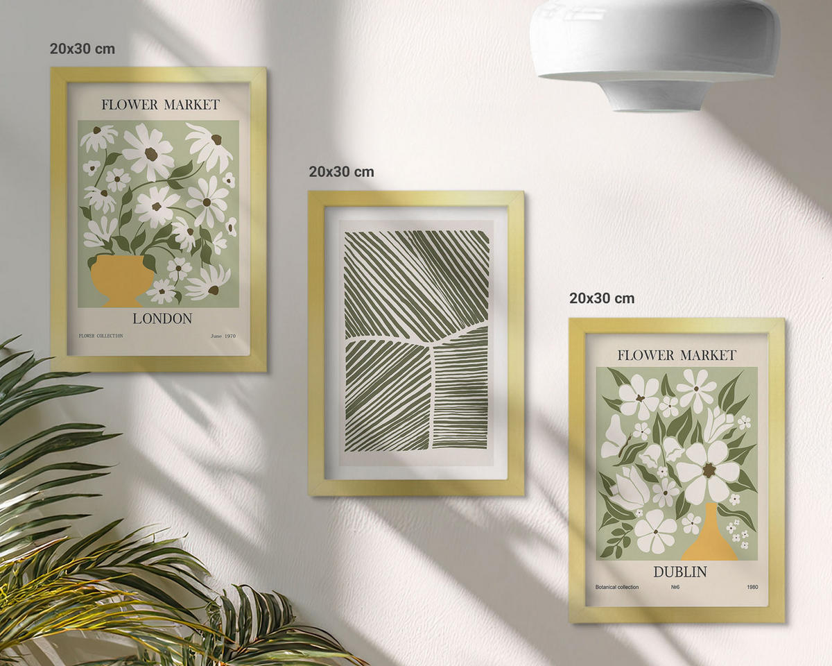 WANDBILDER 3er Set - 20x30 cm Goldrahmen - Blumenmuster London Dublin - Goldfarben, Kunststoff (20/30cm) - ArtPrintCave