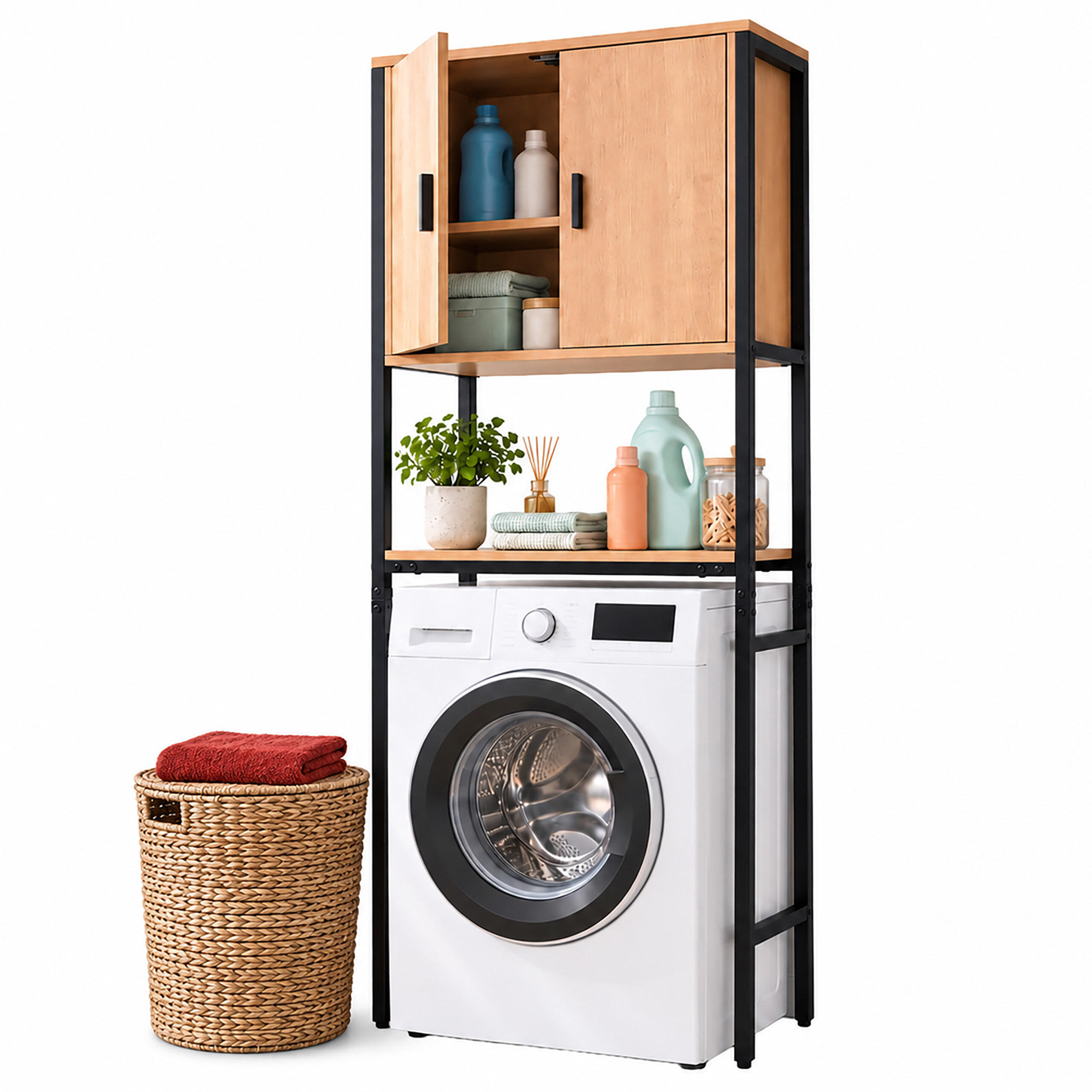 WASCHMASCHINENSCHRANK Hellbraun schwarzes Metall 170x64x27 cm - Hellbraun, Holzwerkstoff/Metall (64/170/27cm) - Relaxdays