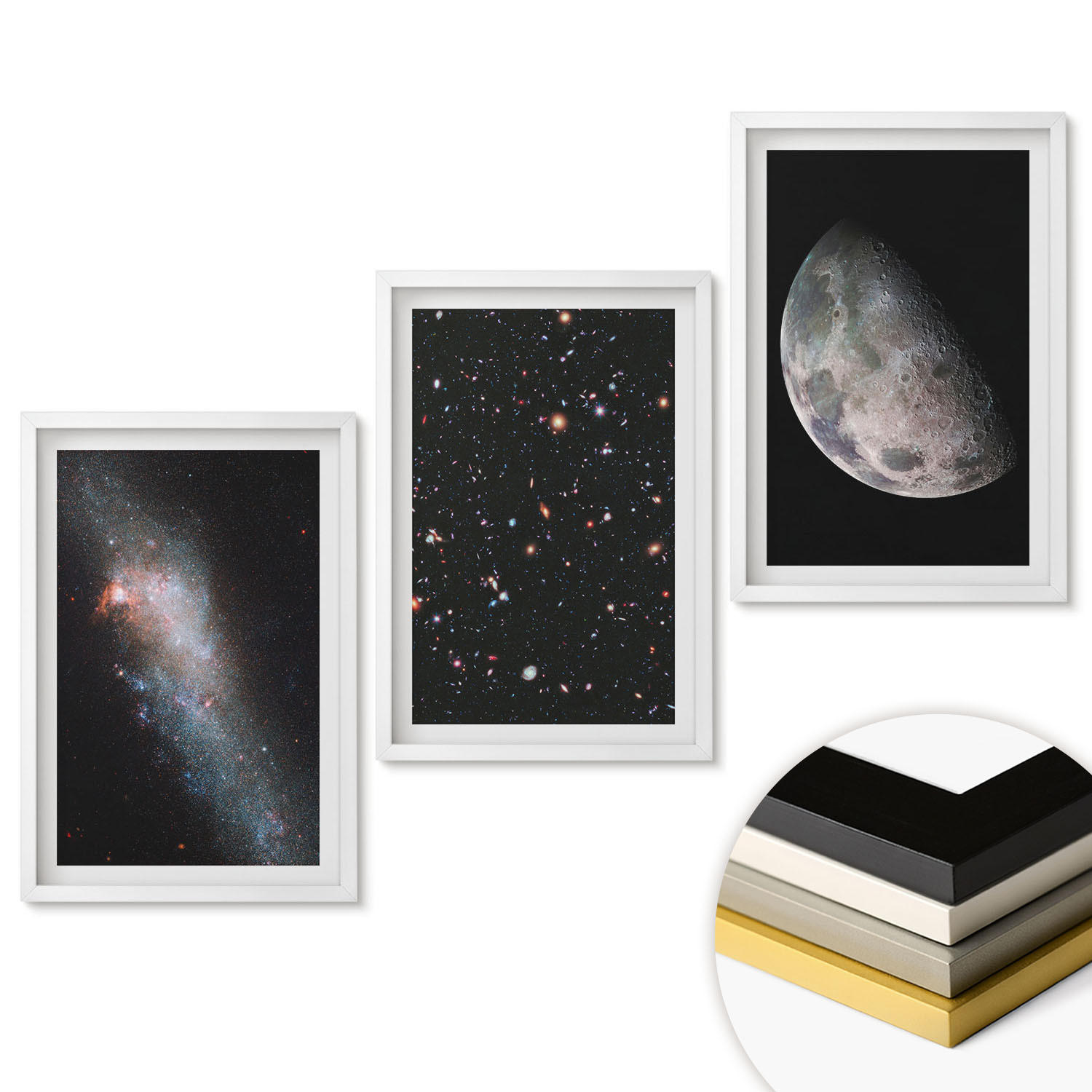WANDBILDER 3er-Set - 40x60 cm Weißer Rahmen - Weltraum Galaxien Sterne Mond - Weiß, Kunststoff (40/60cm) - ArtPrintCave