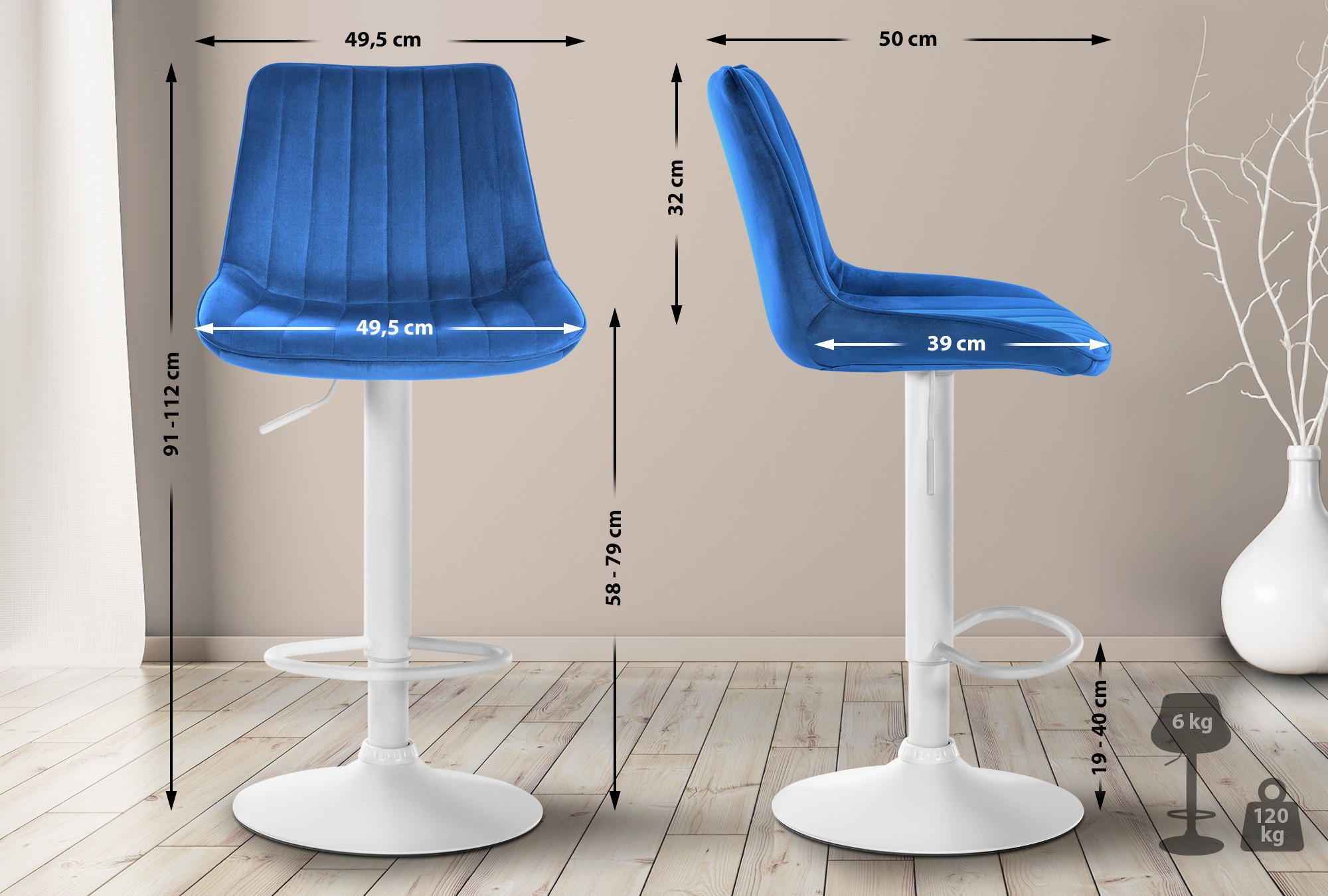 BARHOCKER RIO Blau Samt Weiß - Blau, Textil/Metall (49.5/91/50cm) - DELUKE