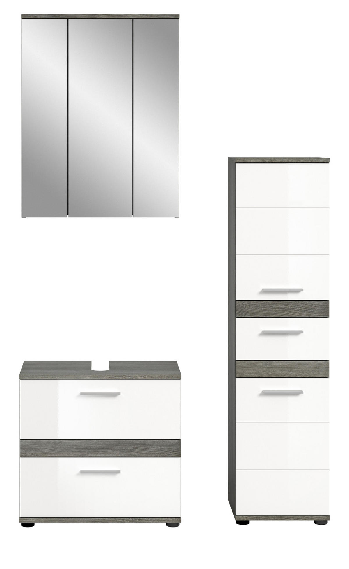 BADMÖBEL-SET weiß Hochglanz. grau 3-teilig 110 cm, Kombination mit viel Stauraum - Weiß Hochglanz/Grau, Holzwerkstoff/Metall (110/191/34cm) - Inn.Furn