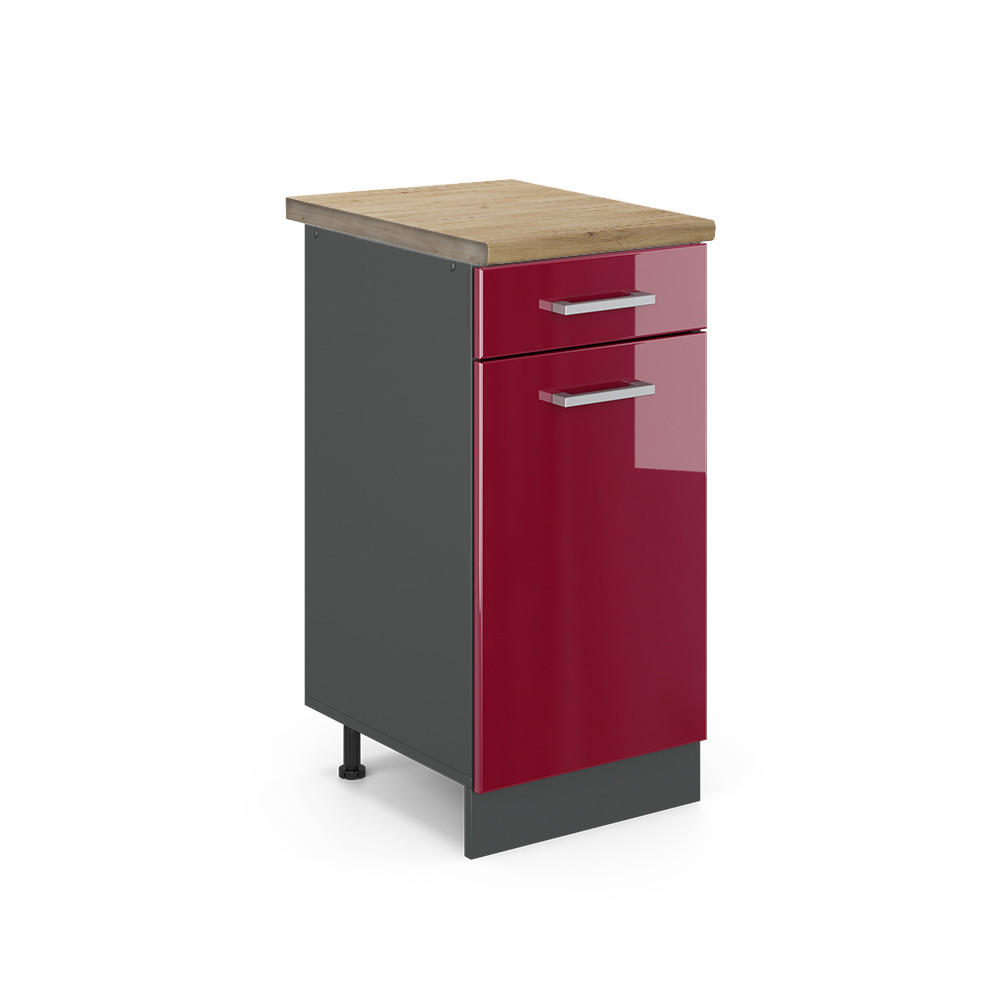 KÜCHENUNTERSCHRANK R-Line Rot Hochglanz 40 cm , AP Eiche - Bordeaux/Anthrazit, Holzwerkstoff (40/81.6/60cm) - Vicco