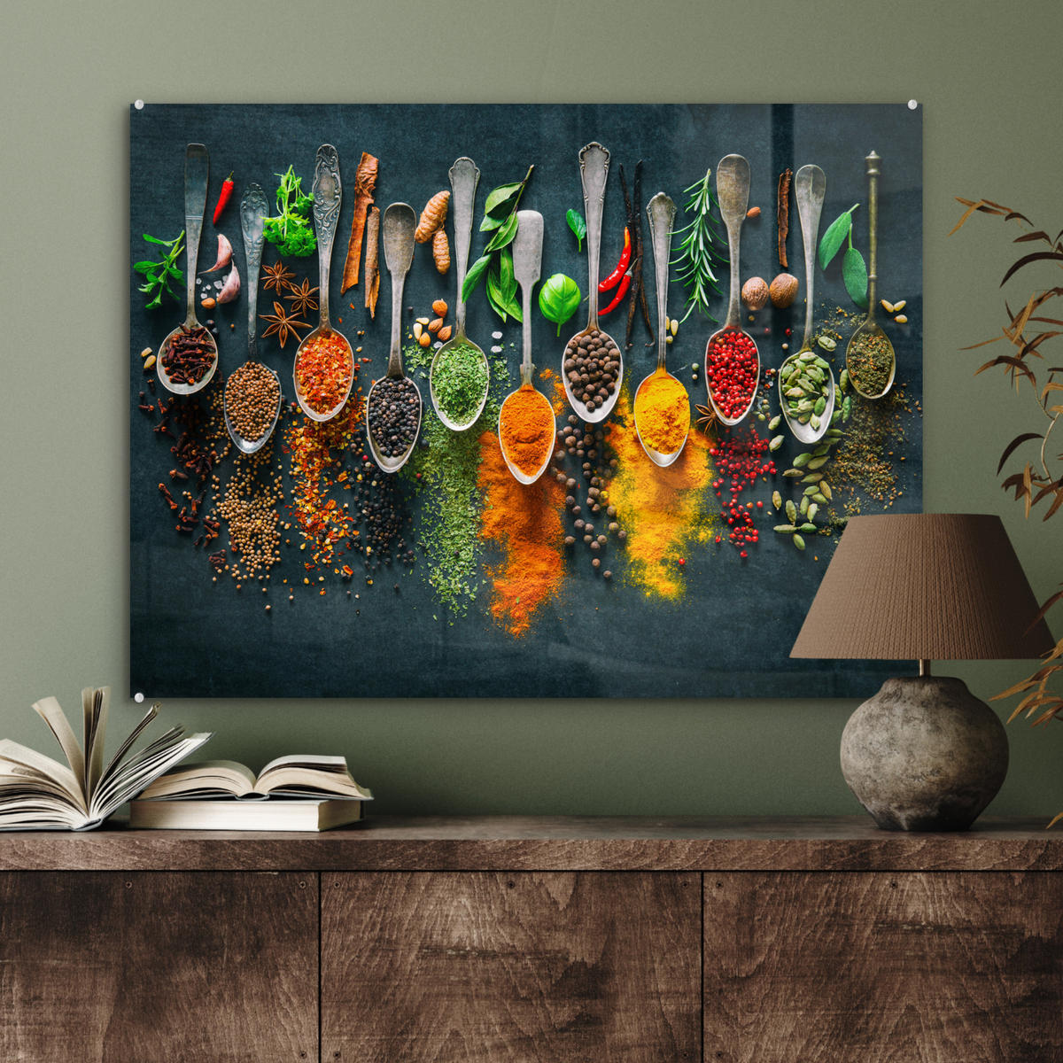 OBRAZ NA AKRYLOVOM SKLE Bylinky - korenie - lyžičky 80x60 cm - kari žltá, sklo (80/60cm) - MuchoWow
