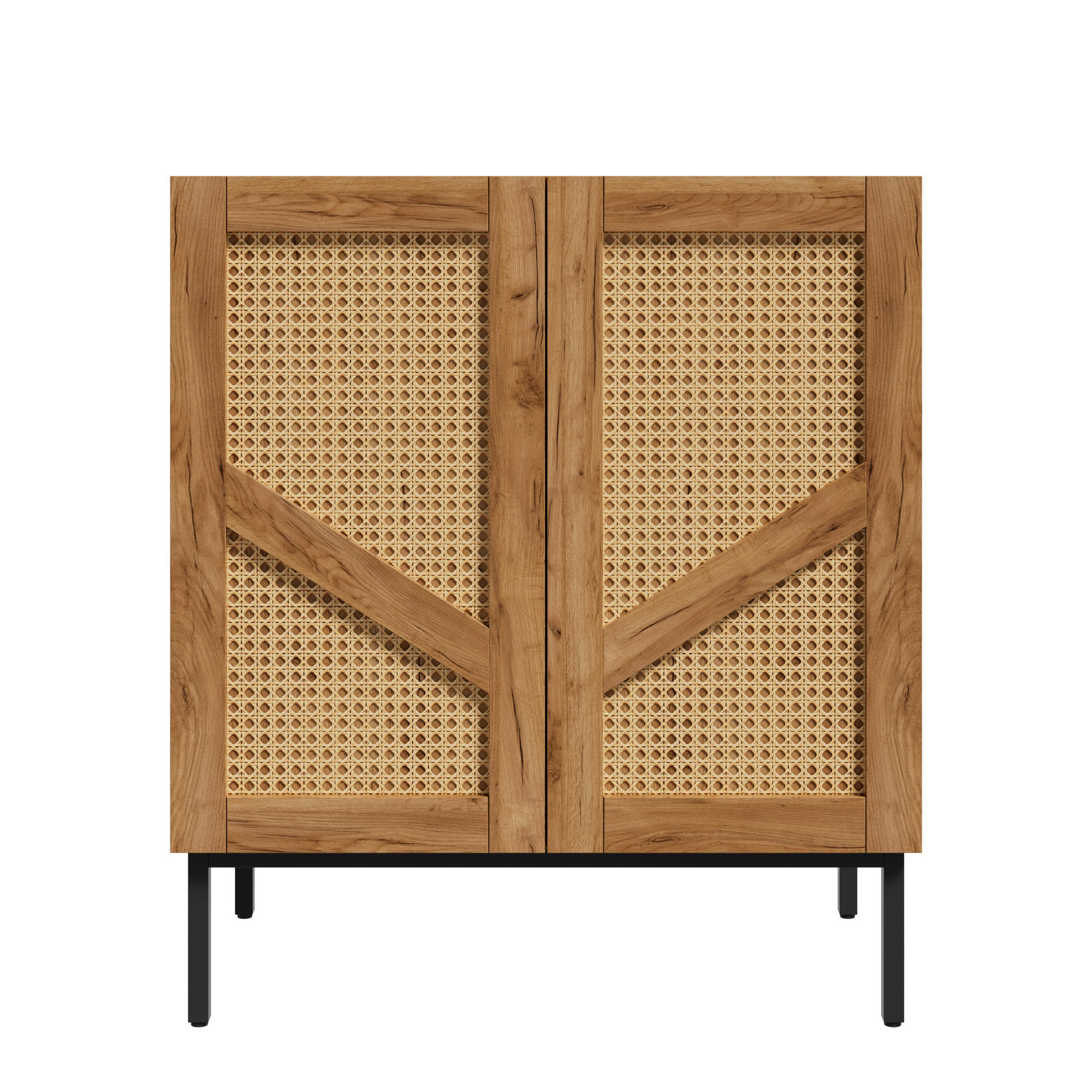 SIDEBOARD Holzoptik mit PE-Rattan 2 Türen 2 Verstellbare Böden Metallbeine - Naturfarben, Holzwerkstoff (70/80/38.5cm) - Urban Meuble