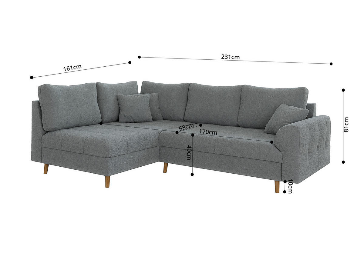 ECKSOFA Henrik Grau Boucle - Ottomane links - Braun/Grau, Holz/Textil (231/161cm) - S-Style Möbel