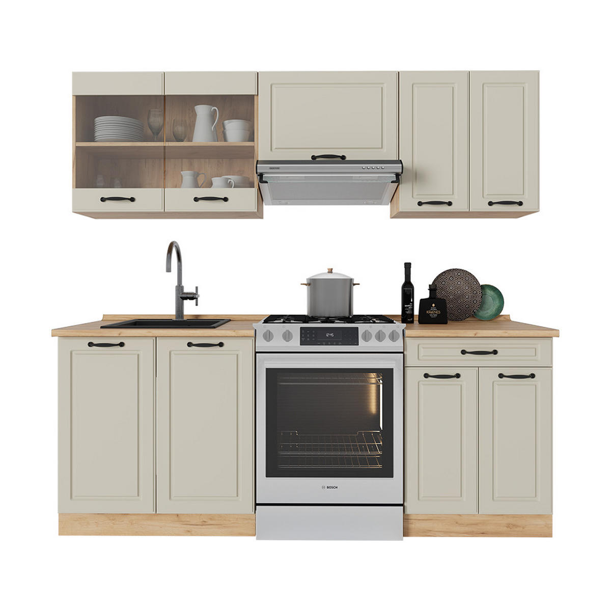 KÜCHENZEILE R-Line, Sand Landhaus/Goldkraft Eiche, 200 cm Arbeitsplatte Goldkraft Eiche - Honigeiche/Beige, Holzwerkstoff (200/81.6/60cm) - Vicco