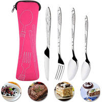 BESTECK-SET, 4-teilig, Edelstahl, mit Tasche, camping, spülmaschinenfest, umweltfreundlich - Silberfarben, Metall