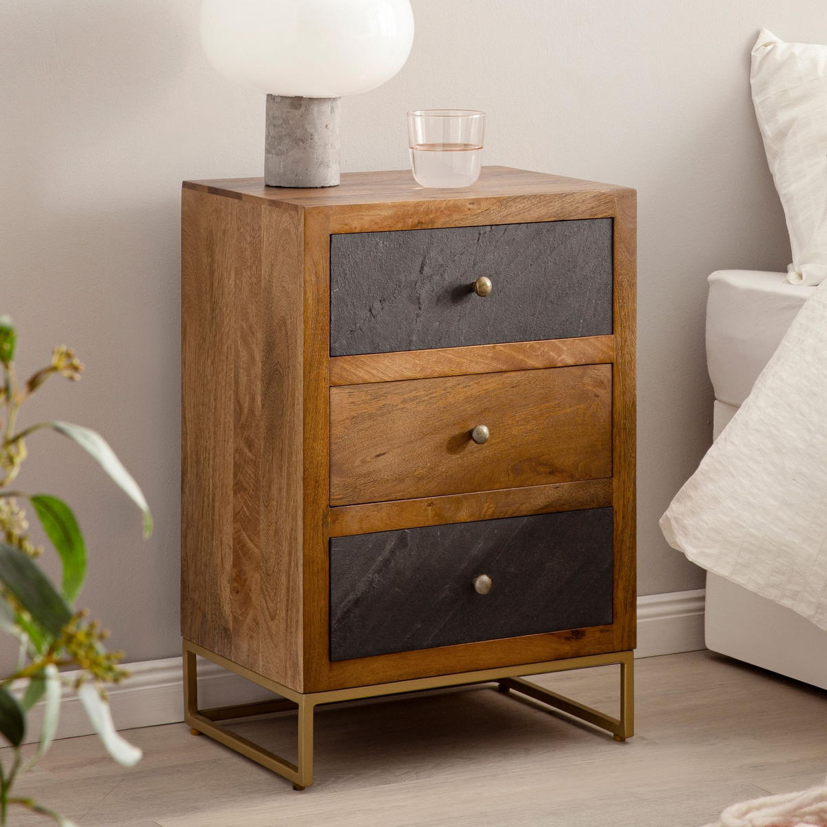 NACHTTISCH Massivholz Steinoptik 3 Schubladen Metallgestell, Braun 40x30x60 cm - Goldfarben/Braun, Holz/Metall (40/60/30cm) - KADIMA DESIGN