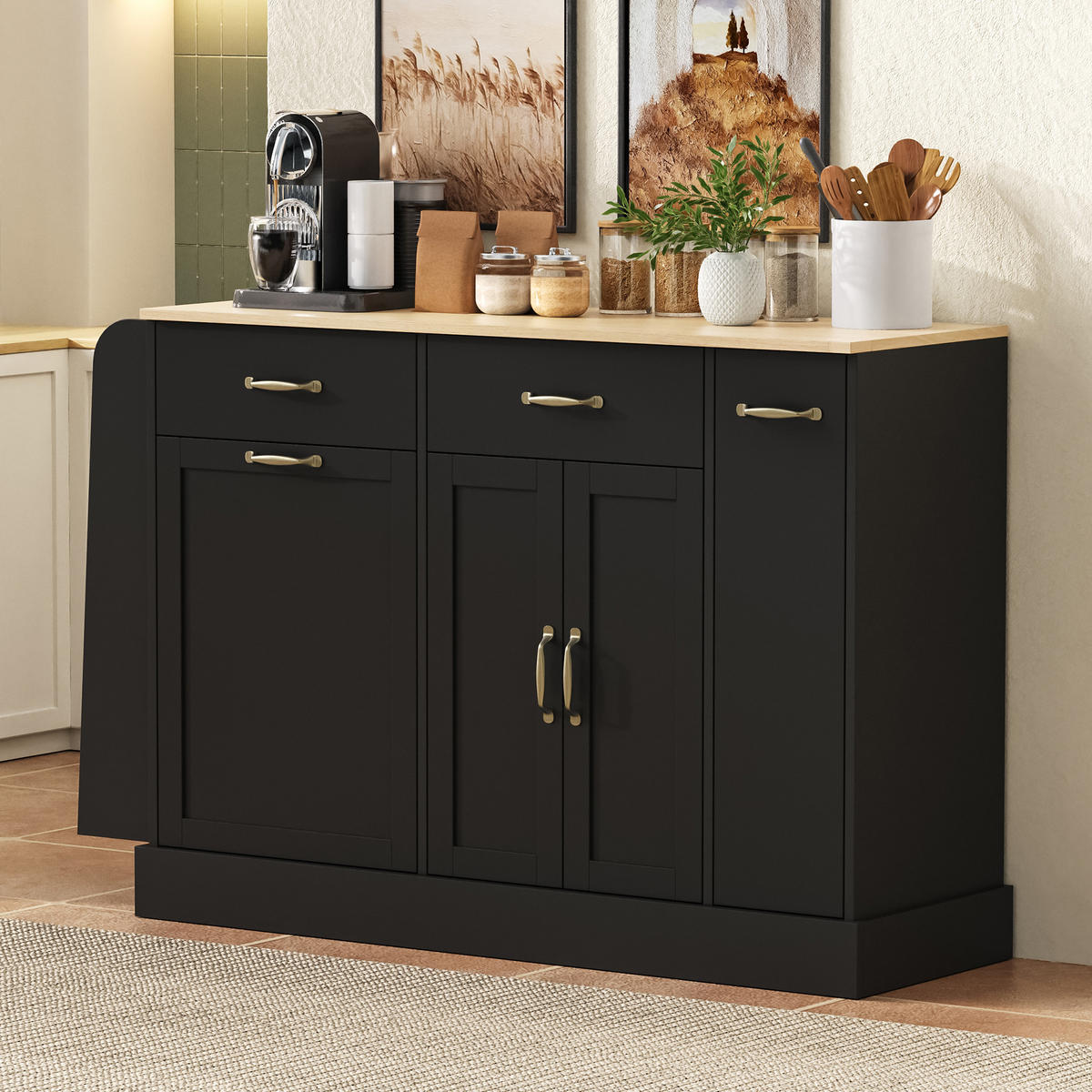 SIDEBOARD mit Abfallfach, Gewürzregal und Schubladen, Schwarz - Schwarz, Holzwerkstoff (133.5/86/40cm)
