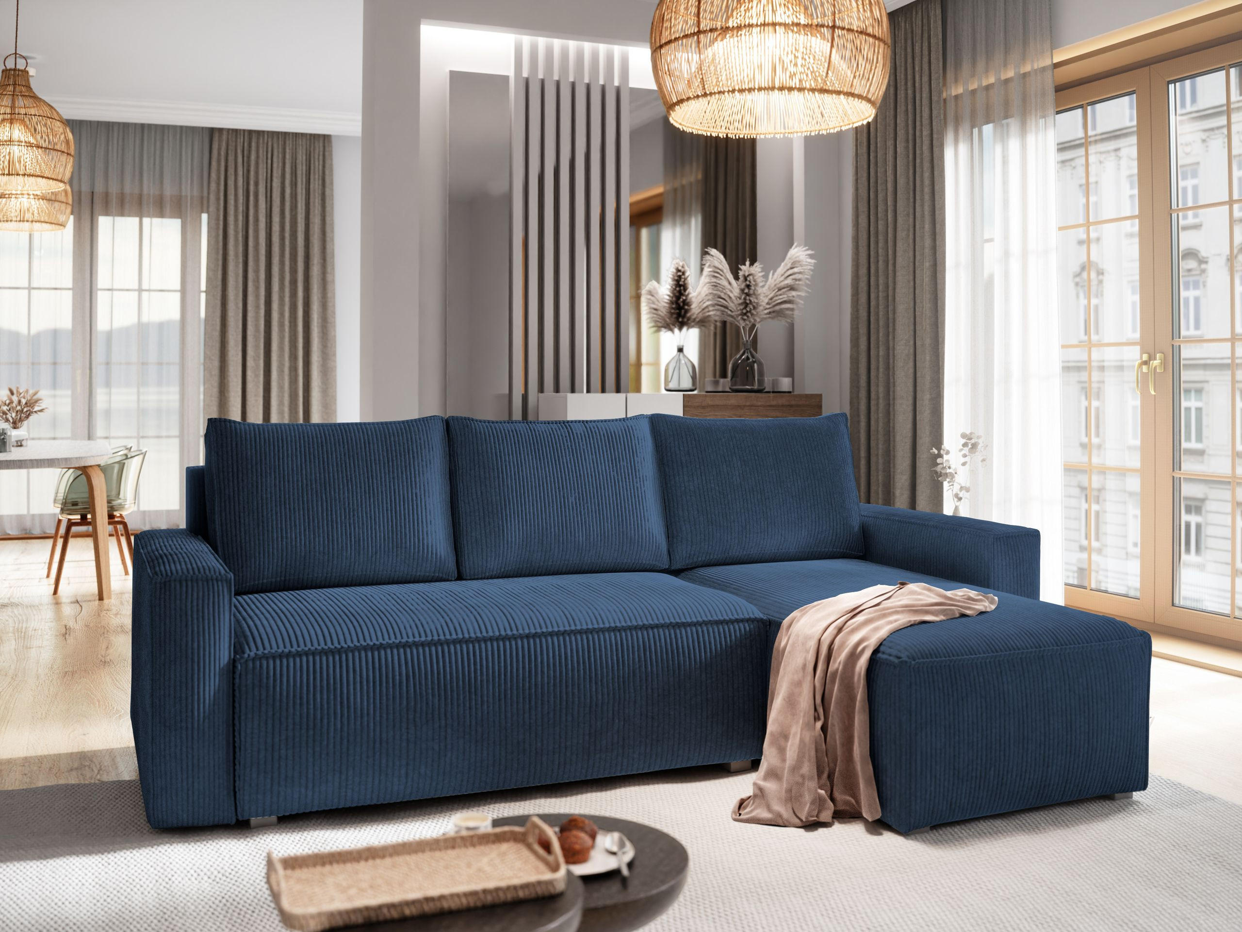 ECKSOFA POTARO Blau Kordstoff mit Schlaffunktion - Blau, Holz (232/140cm) - MASSENO