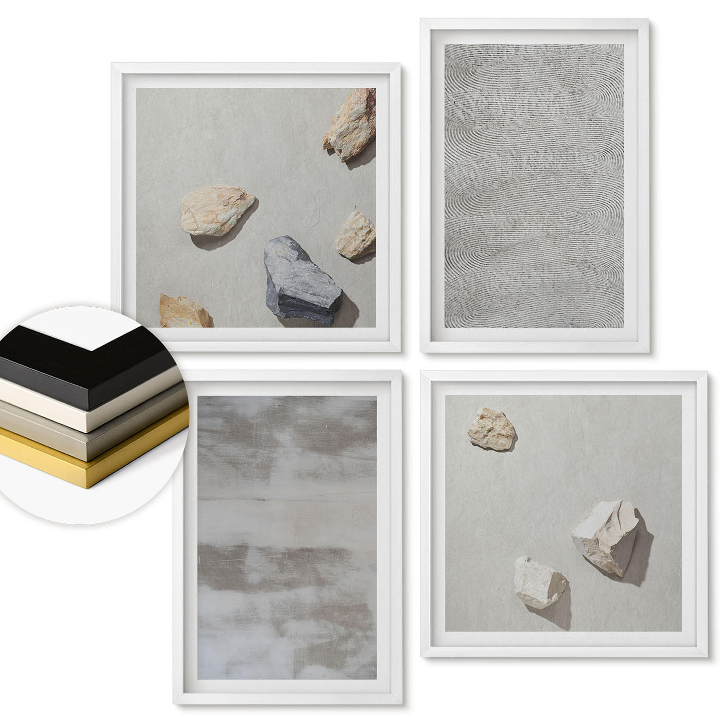 WANDBILDER 4er-Set - 50x50 cm & 40x60 cm Weißer Rahmen - Moderne minimalistische Texturen - Weiß, Kunststoff (50/50cm) - ArtPrintCave