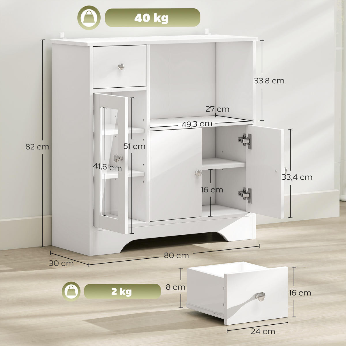 SIDEBOARD DE-11055 Glasfront, Schublade & verstellbare Böden Weiß - Weiß, Holzwerkstoff (80/82/30cm) - ComfortXL