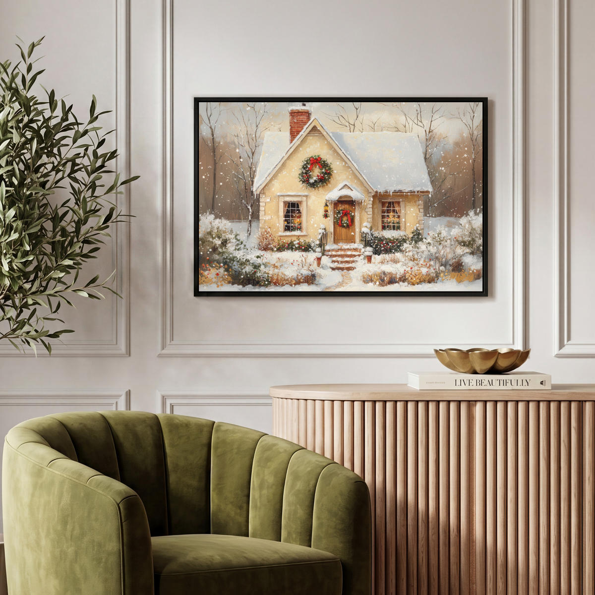 LEINWAND Bilder mit Rahmen - Weihnachten - Zuhause - Winter - Schnee - 60x40 - Creme, Textil (60/40cm) - MuchoWow