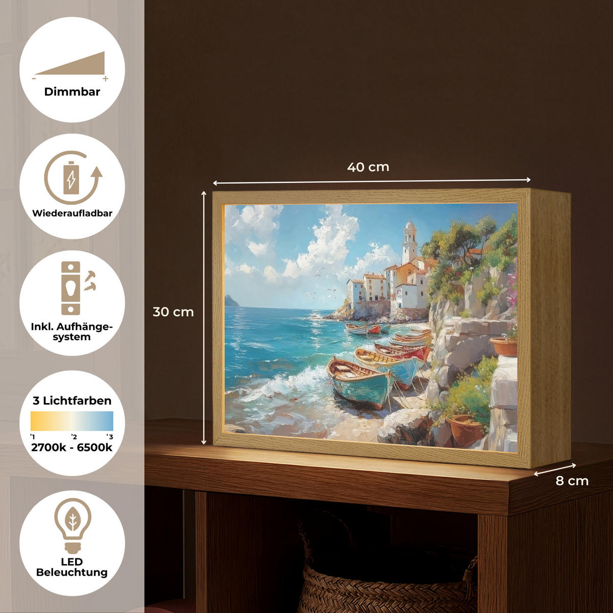 NÁSTĚNNÁ LAMPA S AKUMULÁTOREM Lodě - skály - moře - slunce 40x30 cm - modrá, kompozitní dřevo (40/30/8cm) - OnlyWow