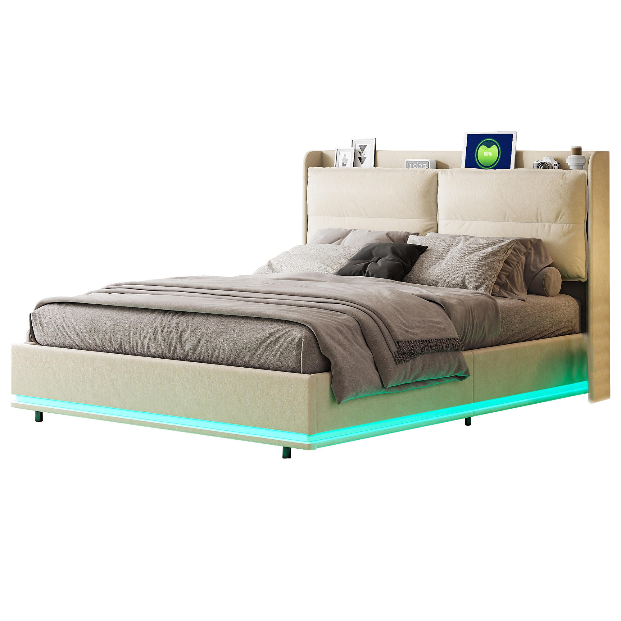 POLSTERBETT mit Stauraum 140/200 cm, mit LED, Stauraum, USB-A/C, Holzlattenrost, gepolstertes Samtbett, Beige - Beige, Holzwerkstoff (140/200cm) - Brevoria