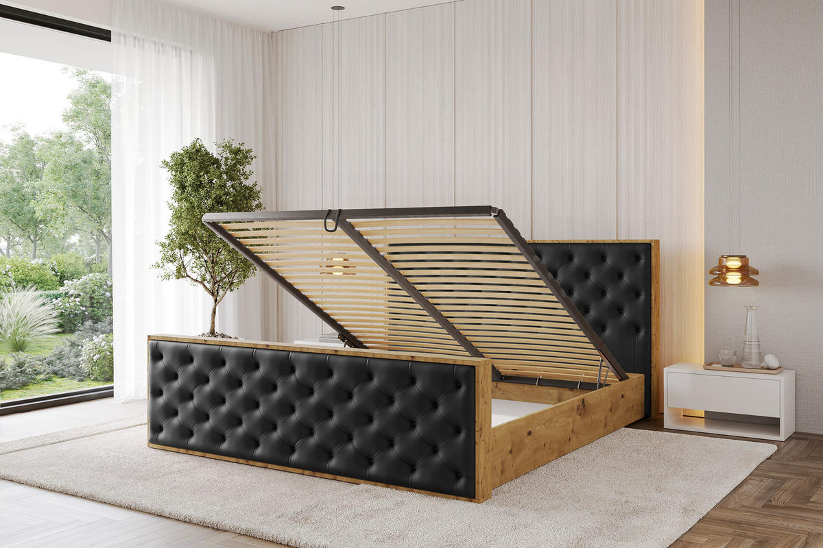 POLSTERBETT mit Bettkasten, Fußteil und Lattenrost, Boxbett ohne Matratze - ENZO3-Z 120x200 Schwarz Kunstleder - Schwarz Hochglanz, Holzwerkstoff/Textil (120/200cm) - ALTDECOR