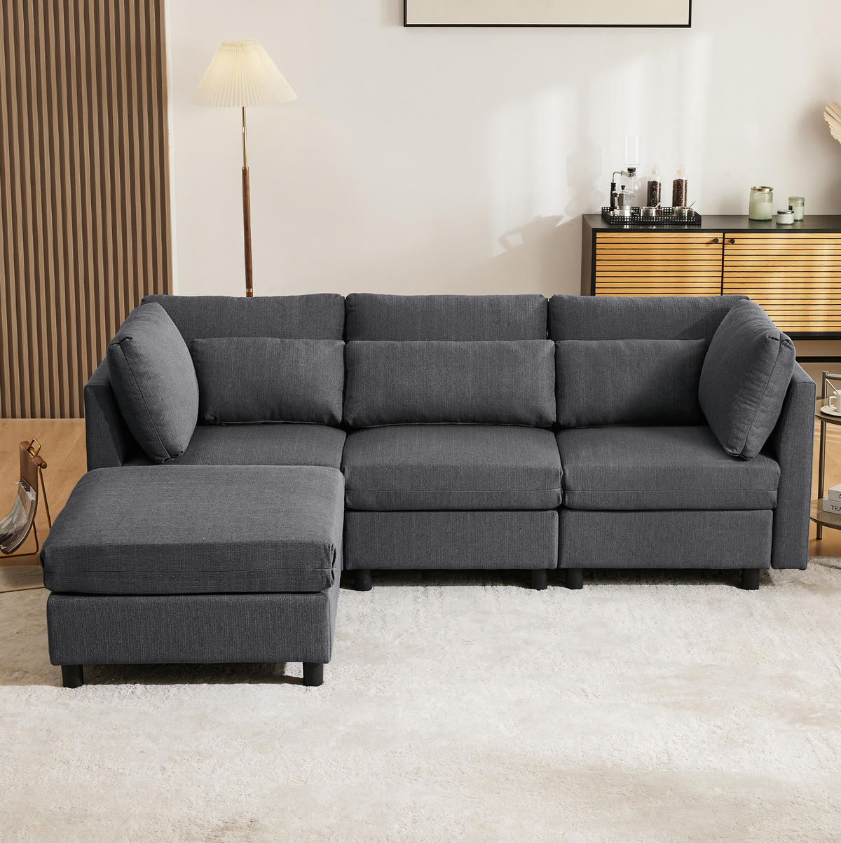 ECKSOFA 220/83/81 cm grau aus Leinen mit Hocker und 5 Kissen - Grau, Textil (81/83cm) - OKWISH