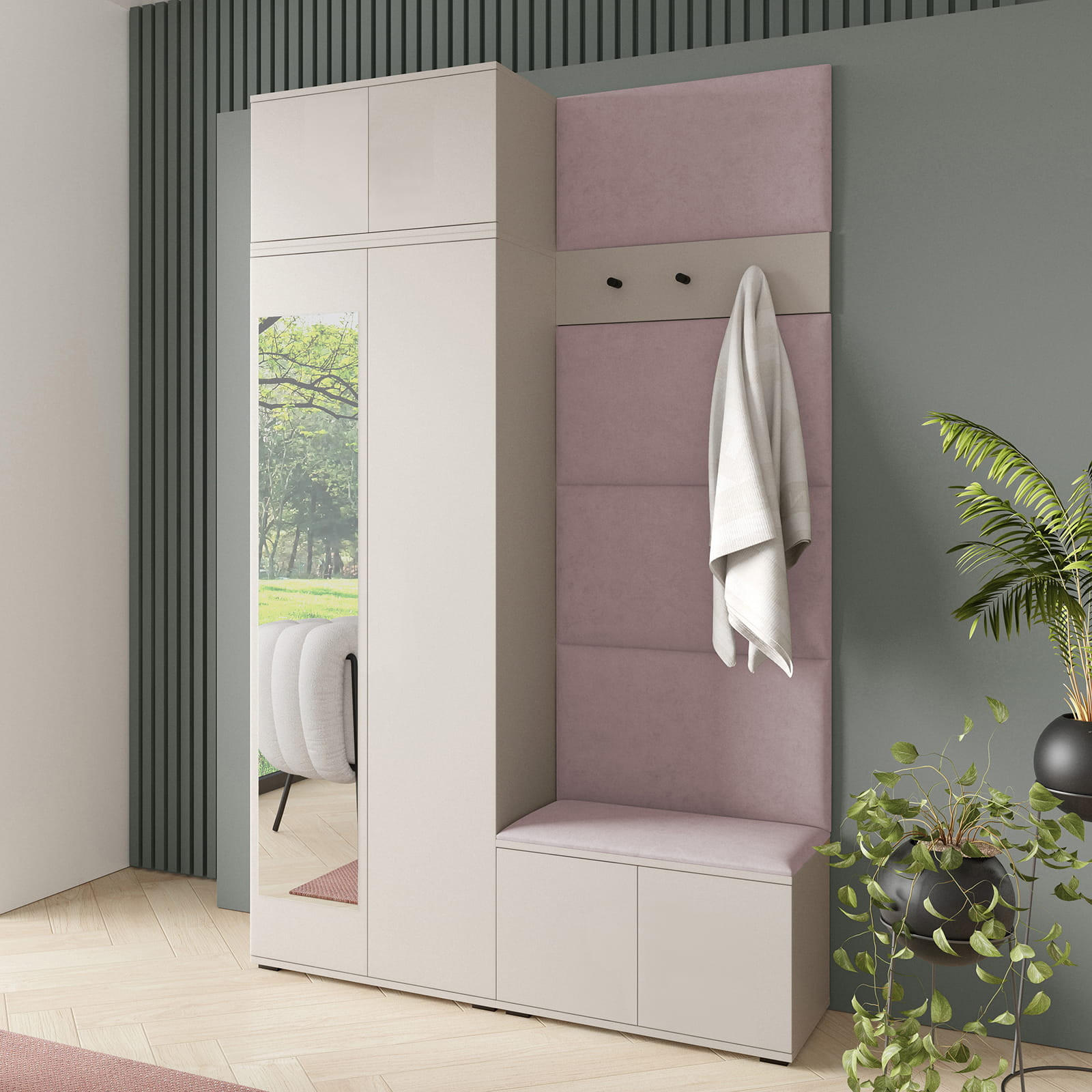 GARDEROBE NAPOLI 4 mit POLSTERPANEELEN ROSA - Beige/Rosa, Holzwerkstoff (140/229/40cm) - Jerpax
